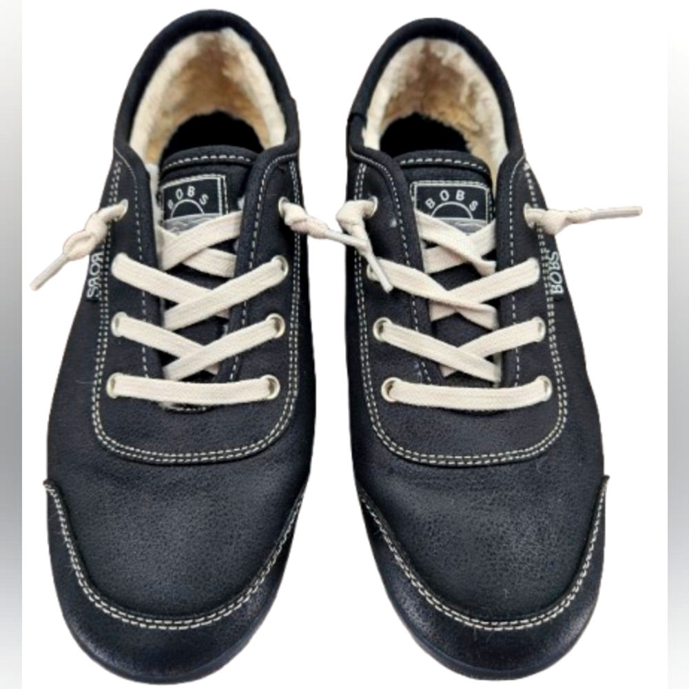 BOBS by Skechers Faux Fur Lined Sneakers Black Lace Up Comfort Shoes Womens 8.5